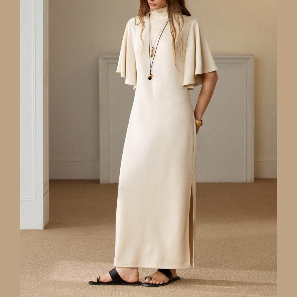 Cream Knit Stand Collar Flutter Sleeve Side Slit Maxi Dress